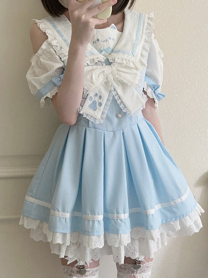 Trim Collar Blue Sailor Lace Daily Shoulder Cutout Kawaii Dress White with Design