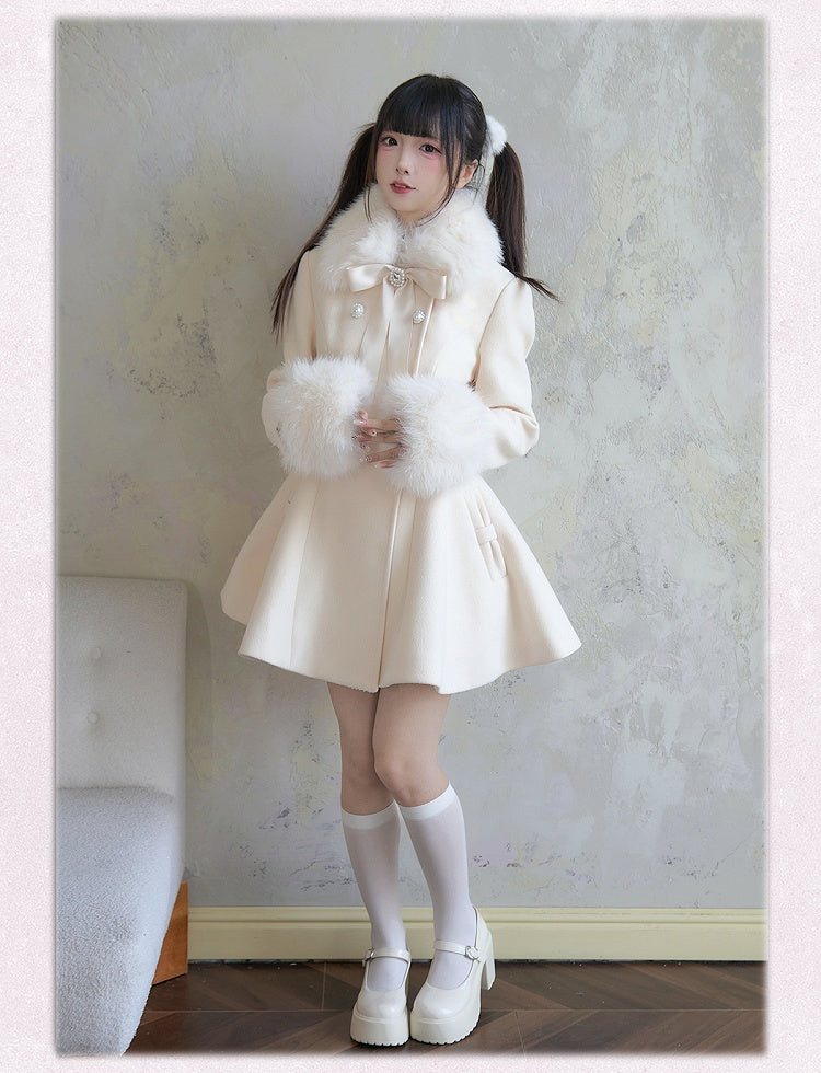 Apricot Coat Jirai Kei Big Bow Breasted with Double Detachable Fluffy Collar and Cuffs Rhinestone