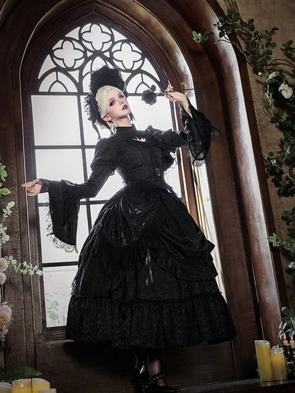 Lolita Drapery Bolero Top Waist + Black Corset Drawstring Brooch Gothic Long Skirt