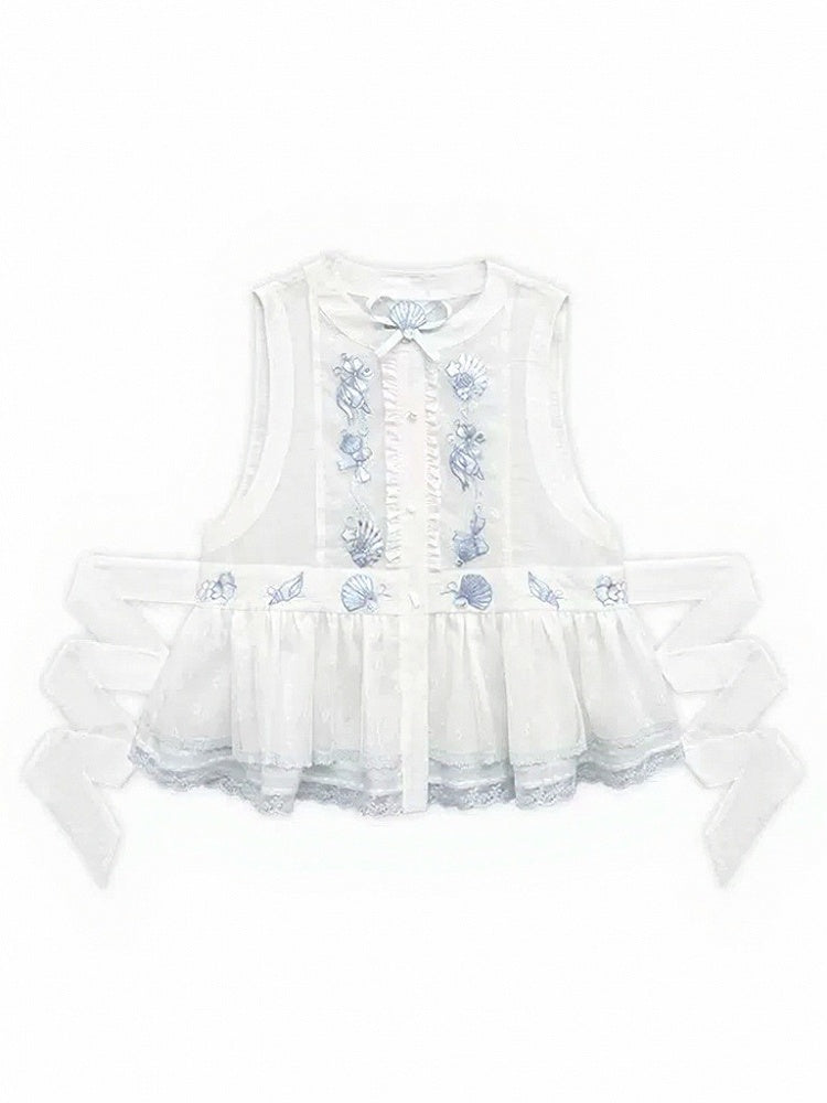 White Sheer Blue Shell Embroidered Lace Vest with Self-Tie - Yimu Walnut