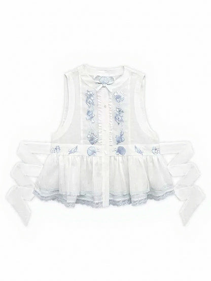 White Sheer Blue Shell Embroidered Lace Vest with Self-Tie - Yimu Walnut
