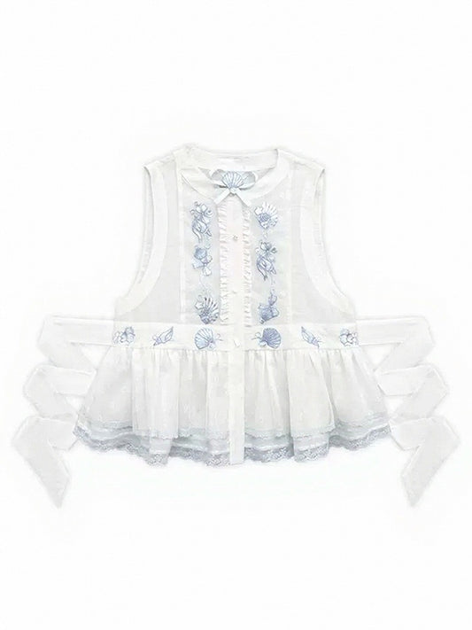 White Sheer Blue Shell Embroidered Lace Vest with Self-Tie - Yimu Walnut