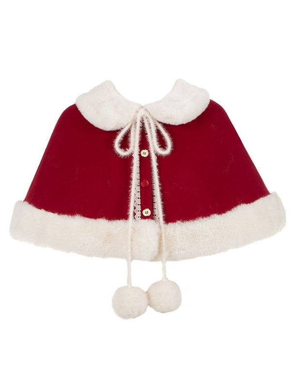 Red Fur Apple with Collar Lolita Cape Buttons Faux Christmas White