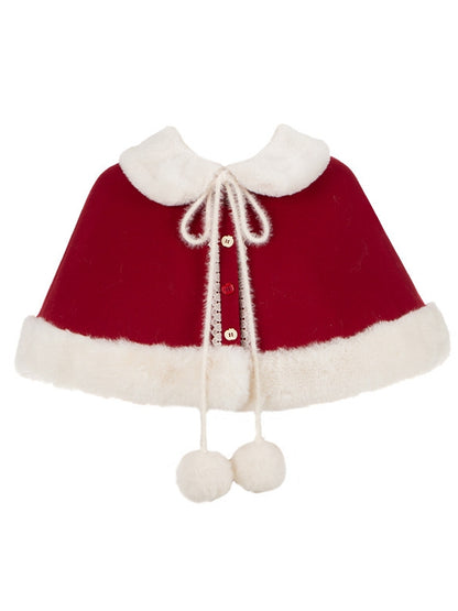 Red Fur Apple with Collar Lolita Cape Buttons Faux Christmas White
