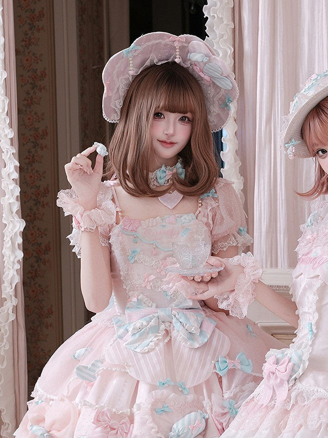 Pink & Blue Bow Lace Sweet Lolita Choker with Heart-shaped Pendant - Meng Fu Zi