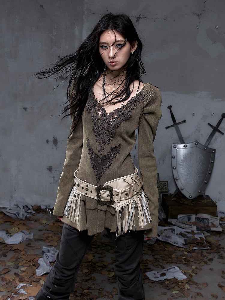 Fringes Lacing with Punk Waist Belt Vintage Crisscross Studded PU Khaki