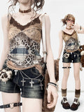 Cami-Top mit Leopardenmuster, Y2K, V-Ausschnitt, Patches + kontrastierende braune Spitze