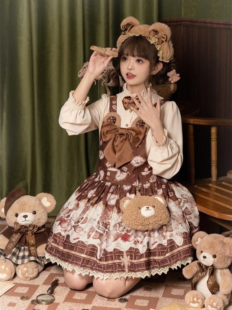 Coffee Teddy Bear Sweet Lolita JSK - Chocolate Print with Lace & Big Bow