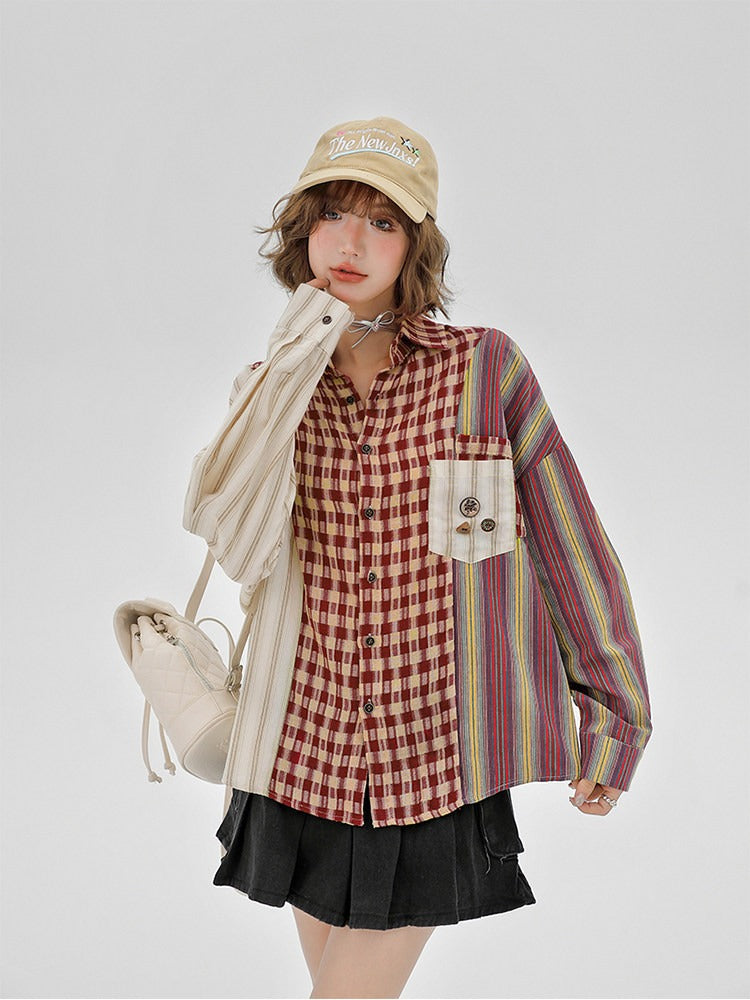 Retro Colorblock Plaid Striped Long Sleeve Shirt - sijinstudio