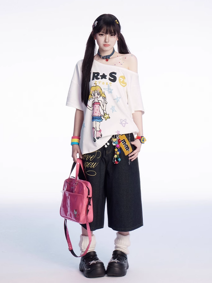 Bedrucktes schwarz-weißes T-Shirt mit asymmetrischem Ausschnitt und Vintage-Cartoon-Print