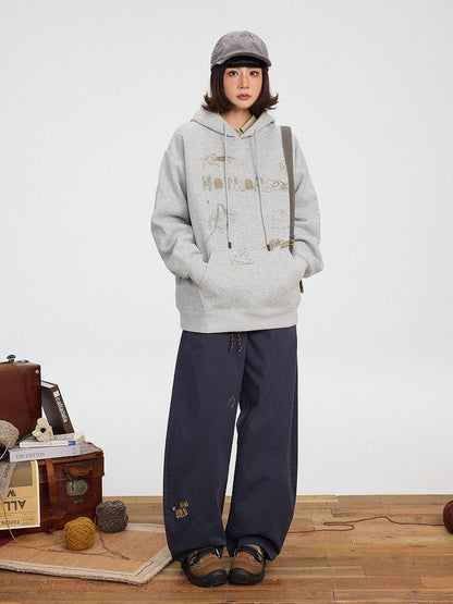 Pouch Vintage Cute Pullover Pocket Hoodie Hood Front Drawstring Print Gray -