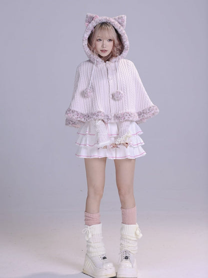 Fur Leopard Pink Cat Knit Faux Gyaru Accents Cape Trim Hime Hooded with Ear Print and Pom-Pom