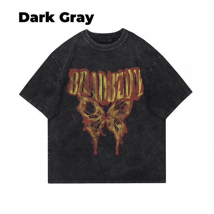 ダークグレー/ブラウン/ブラック/ホワイト バタフライプリント ヴィンテージ ルーズTシャツ