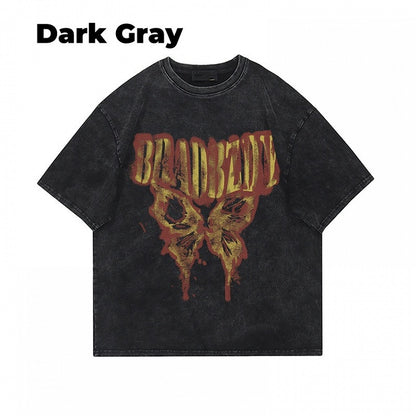 ダークグレー/ブラウン/ブラック/ホワイト バタフライプリント ヴィンテージ ルーズTシャツ