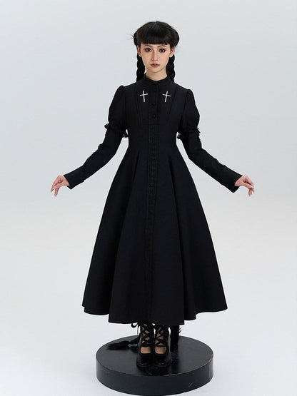 with Lolita Short Cross Nun Lace Sleeves Embroidery Black Trimmed Dress