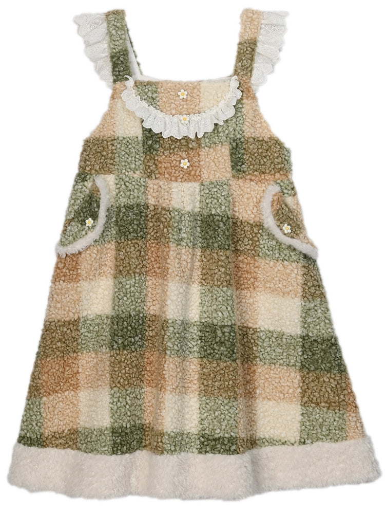 Green Floral Button Details Lace Trim Plaid Fleece Overall Dress with Pockets