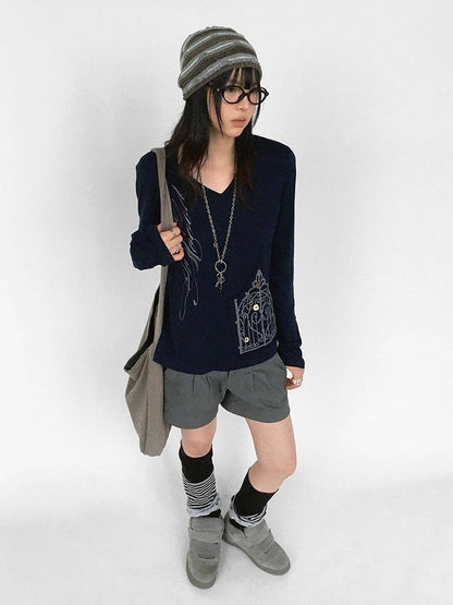 Vintage Y2K Navy Blue Letter Print V-Neck Long Sleeve Top with Iron Gate Patch - innomoood