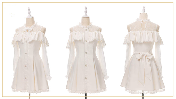 Beiges Jirai Kei-Kleid mit Illusionsausschnitt, ausgeschnittenen Schultern und Fliege