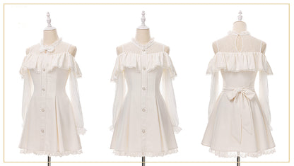 Beiges Jirai Kei-Kleid mit Illusionsausschnitt, ausgeschnittenen Schultern und Fliege