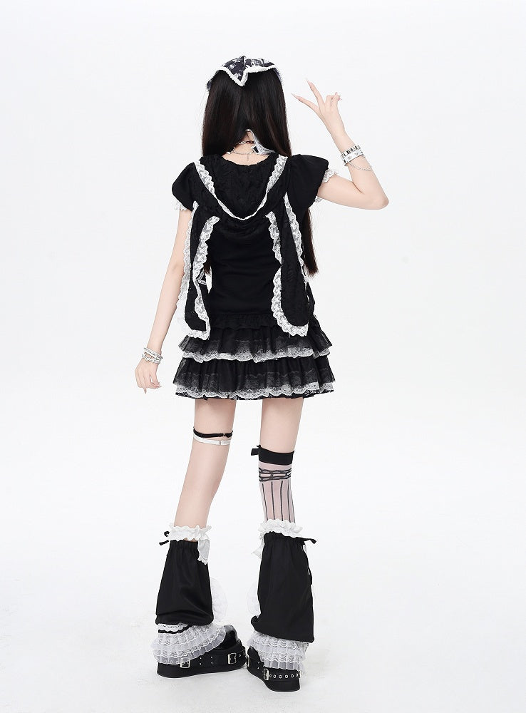 Jirai Trim Bunny Ears Design Hood Lace Kei Black/White