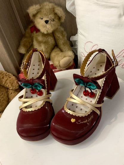 Sweet Red Design High-heel Embellishments Wine Cherry Lolita Shoes with Asymmetric