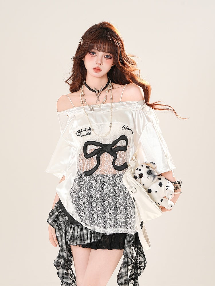 Schwarz/Weiß Große Off-the-shoulder T-shirt Spitze Schleife Patches Druck Taille