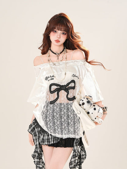 Schwarz/Weiß Große Off-the-shoulder T-shirt Spitze Schleife Patches Druck Taille