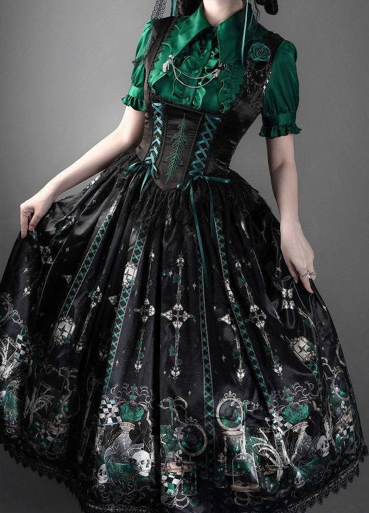 Green Rosette and Skull Print Gothic Lolita Corset Under Bust JSK Dress - Sweetheart Love Song