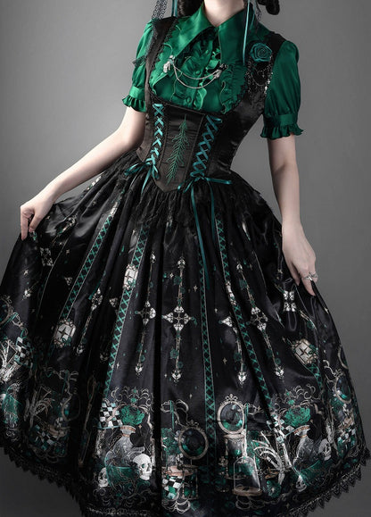 Green Rosette and Skull Print Gothic Lolita Corset Under Bust JSK Dress - Sweetheart Love Song