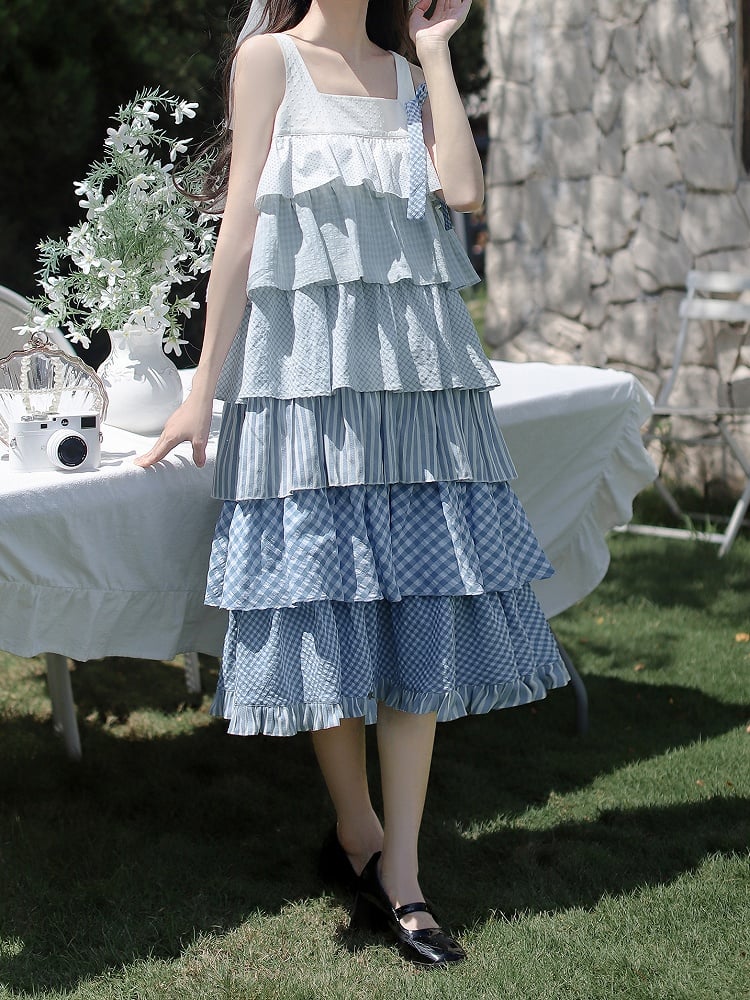 Blue with Patchwork Holiday Waist Sleeveless Dress Tiered Skirt Belt