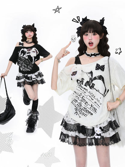 Bunny Plush One-Shoulder Accent Black/Apricot Tee Distresseded Asymmetrical with