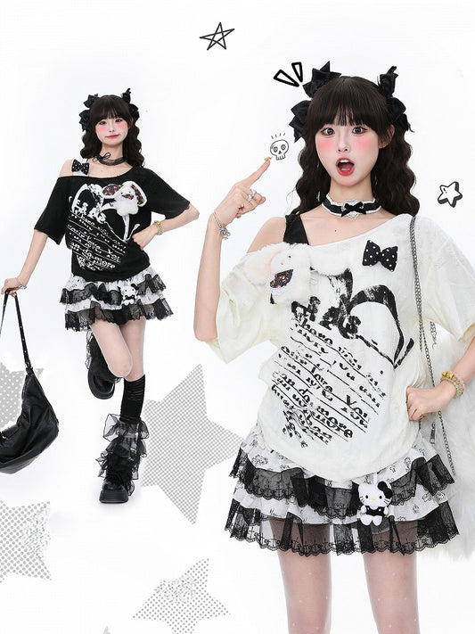 Bunny Plush One-Shoulder Accent Black/Apricot Tee Distresseded Asymmetrical with