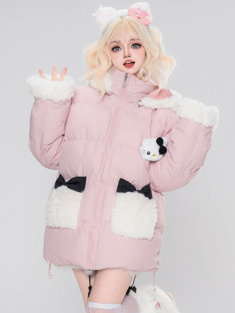 Rosa/schwarze Pufferjacke mit Kapuze und Plüschbündchen mit Kätzchen-Verzierung