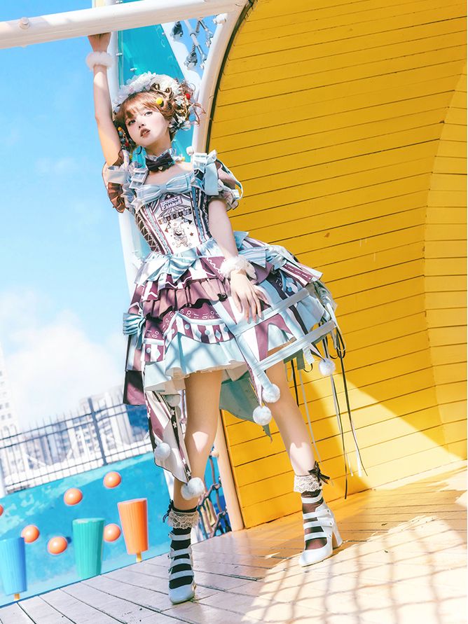 Brown Skirt Sleeves Detachable with Embroidery Dress Circus Lolita Jumper Bunny Blue Sweet Puff and