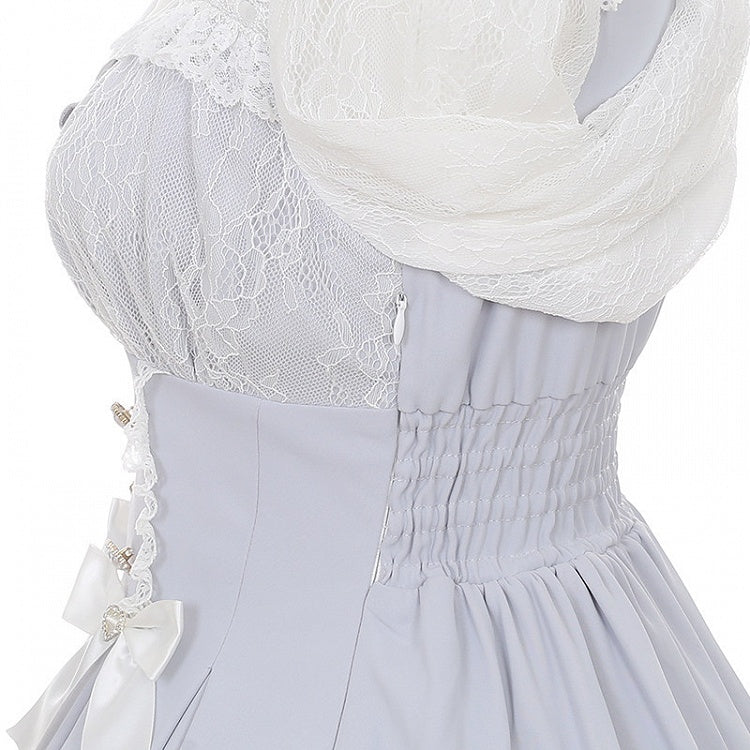 Kei Square Dress Dusty Lace Long-Sleeve Jirai Bow Neck Blue