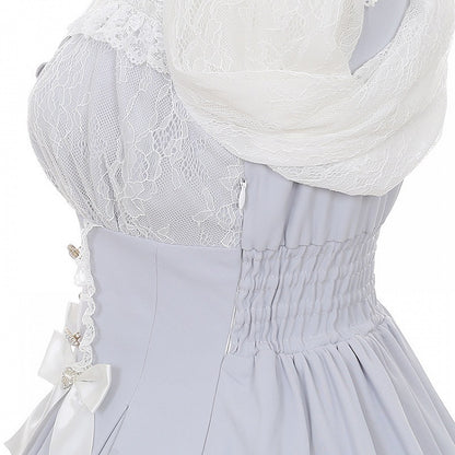Kei Square Dress Dusty Lace Long-Sleeve Jirai Bow Neck Blue