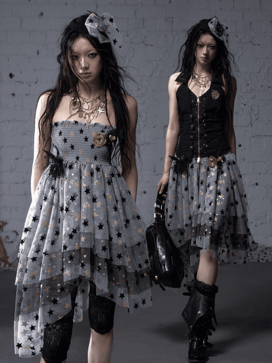 Kleid Balletcore Stufenrock aus Netzstoff, trägerlos, Grau/Asche