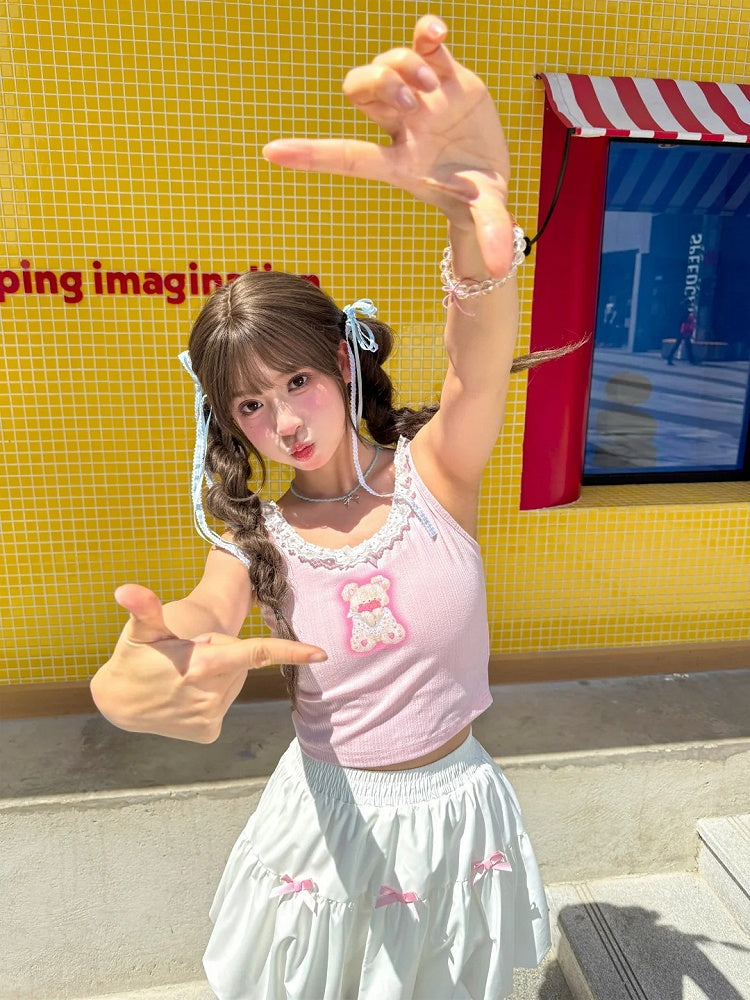 Süßes Tanktop mit rosa Teddybär-Print und Spitzenbesatz