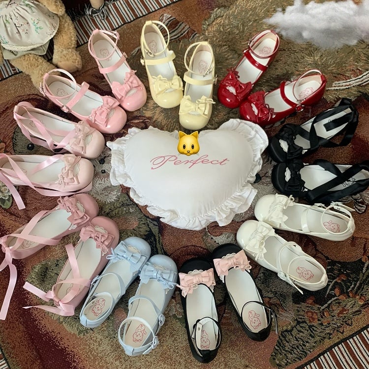 Sweet Lolita Satin Black Mary Janes - Round Toe with Detachable Heart Snap Strap & Top Bow