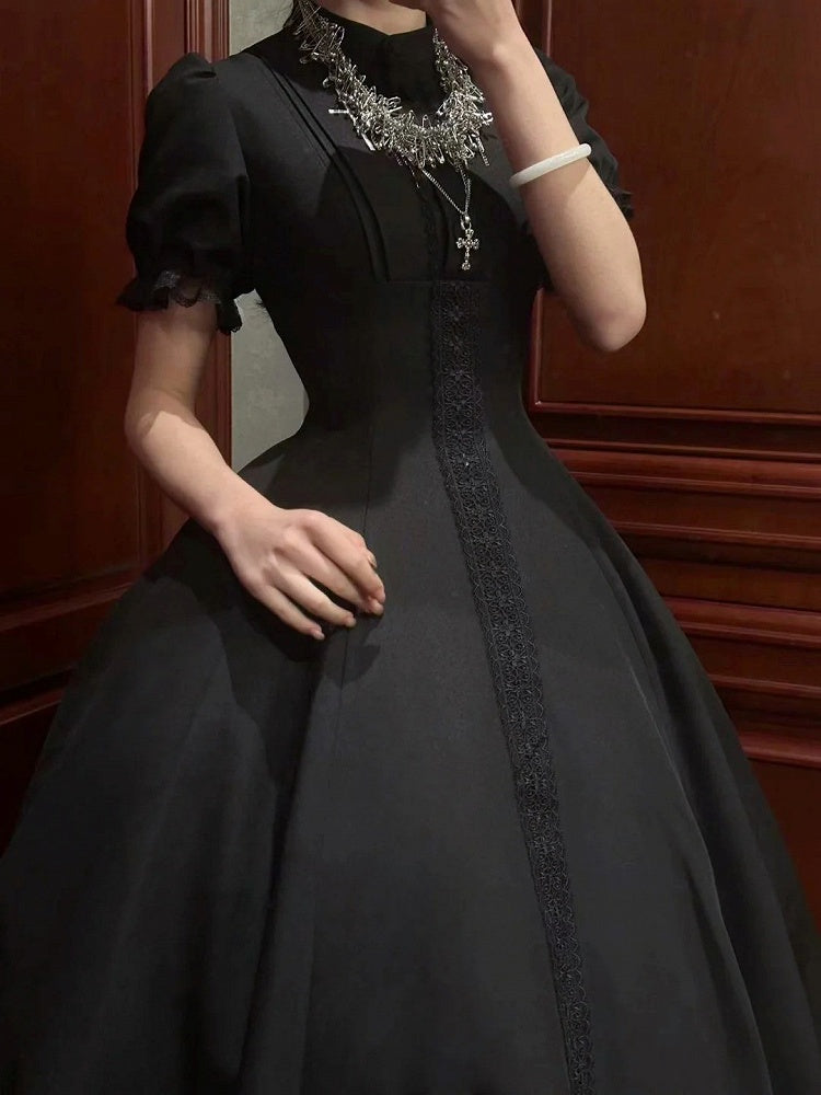 with Lolita Short Cross Nun Lace Sleeves Embroidery Black Trimmed Dress