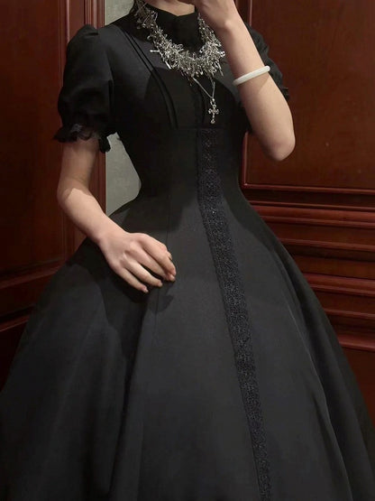 with Lolita Short Cross Nun Lace Sleeves Embroidery Black Trimmed Dress
