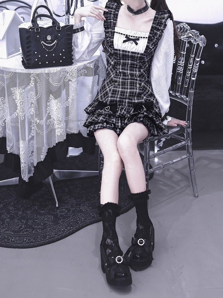 Jirai Kei Two-Piece Set: Plaid Square-Neck Long-Sleeve Dress & Ruffle Shorts - Ekomi