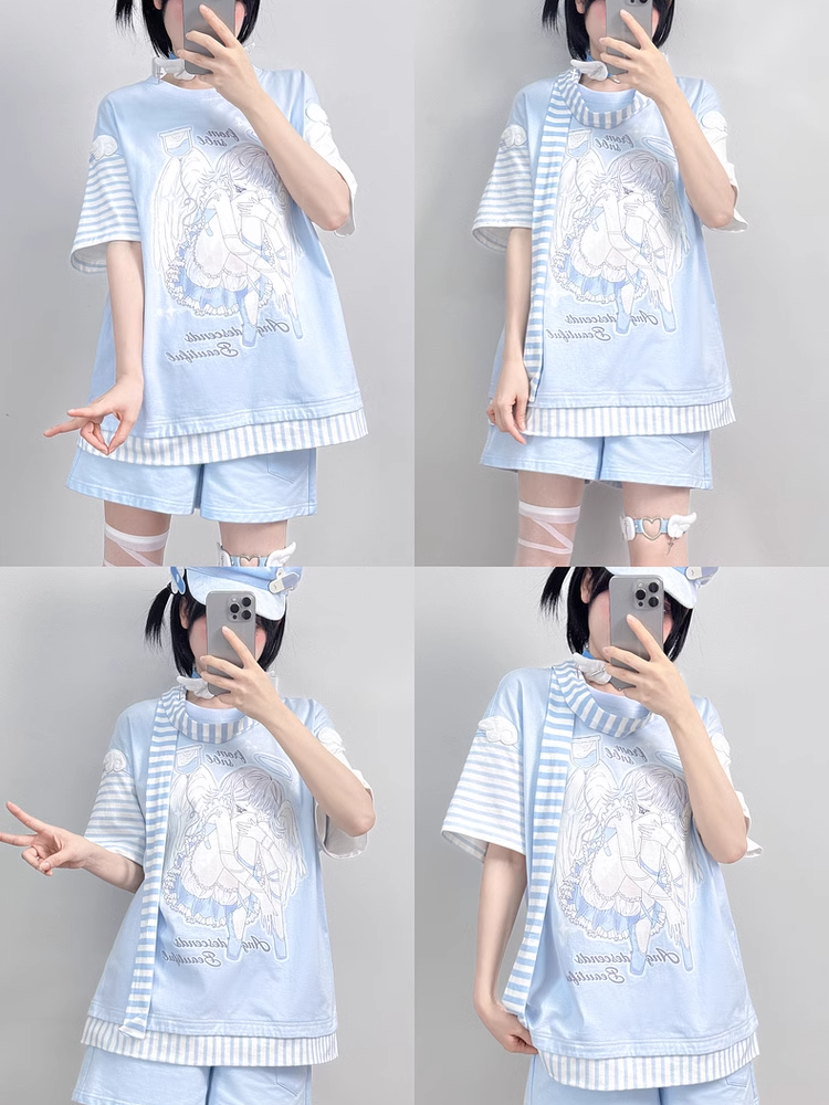 Blaues T-Shirt mit Flügel-Applikationen und Anime-Mädchen-Print und gestreiftem Schal