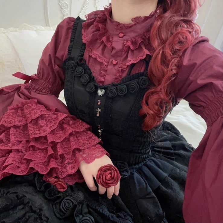 Buttons Red Wine Heart Lolita Bell with Blouse Sleeves Lace