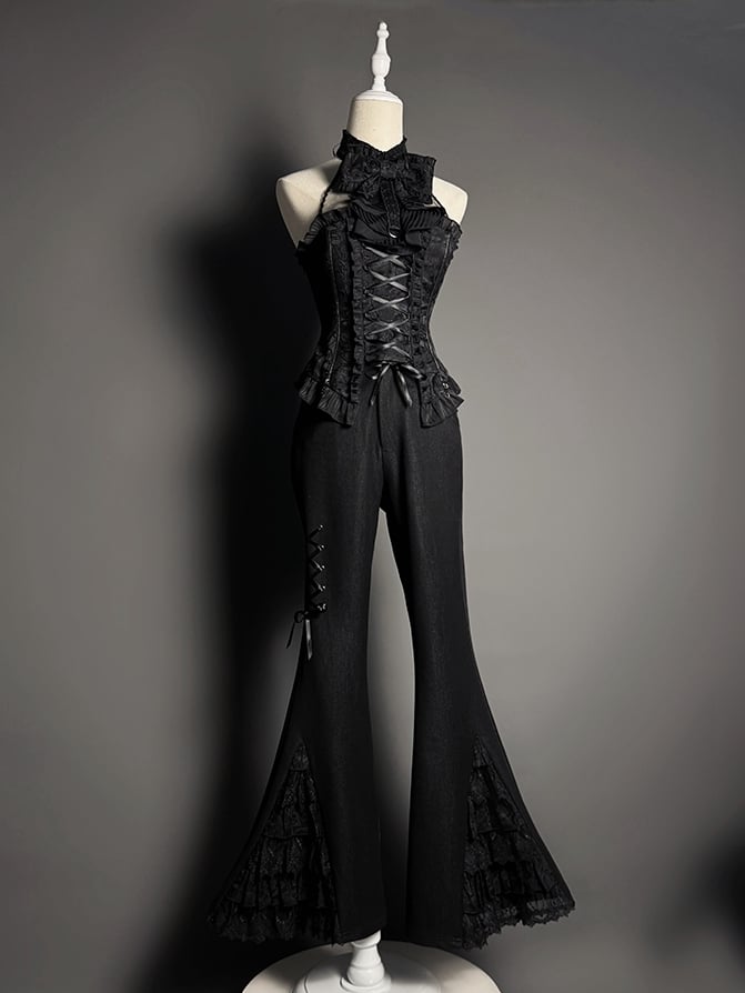 ティアードパッチパンツ レースフレアカフス ブラック