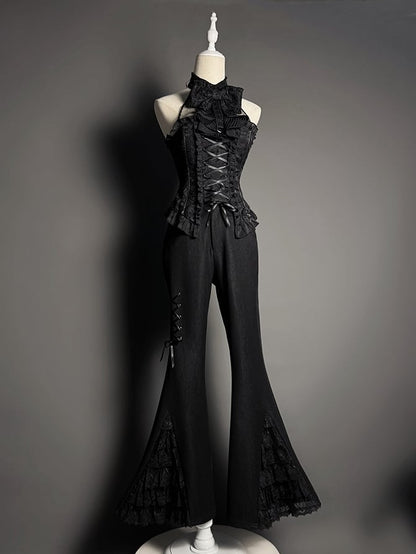 ティアードパッチパンツ レースフレアカフス ブラック