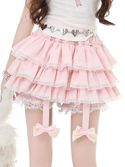 Detachable Trim Pink Charm Tiered Skirt Lace with Bow Ruffle White Y2K