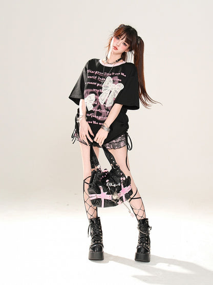 Black/White Lace Bow Appliques Drawstring Waist Sweet Graphic T-Shirt
