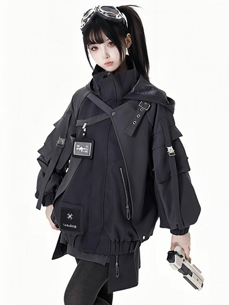 ブラックバックルストラップ、伸縮性のある袖口、ウエストフード付きジャケット、ショート/ロングバージョン