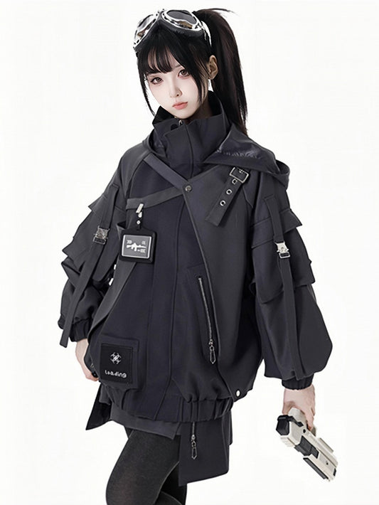 ブラックバックルストラップ、伸縮性のある袖口、ウエストフード付きジャケット、ショート/ロングバージョン